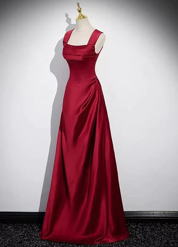 Vestido de fiesta de satén rojo vino con tirantes y escote redondo hasta el suelo
